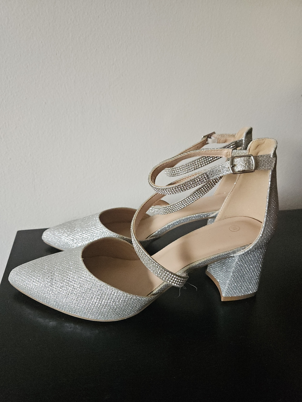 Sparkling Silver Ankle-Strap Block Heel Size 8 Wide